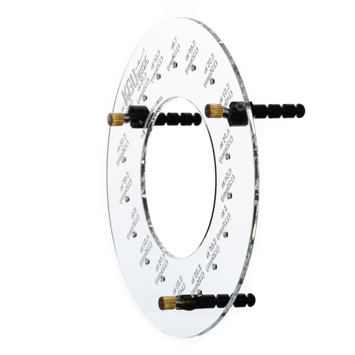 Detailed side angle of KGUmusic sound deflector’s brass and steel mechanisms.