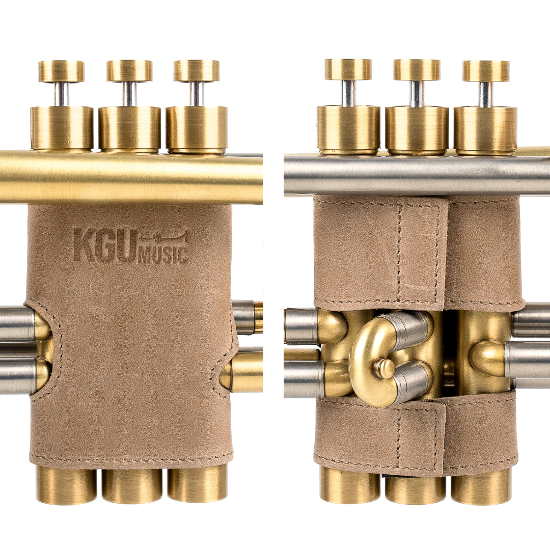 Olive Genuine leather valve guards for trumpet by KGUmusic, displayed on white background.