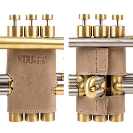 Olive Genuine leather valve guards for trumpet by KGUmusic, displayed on white background.