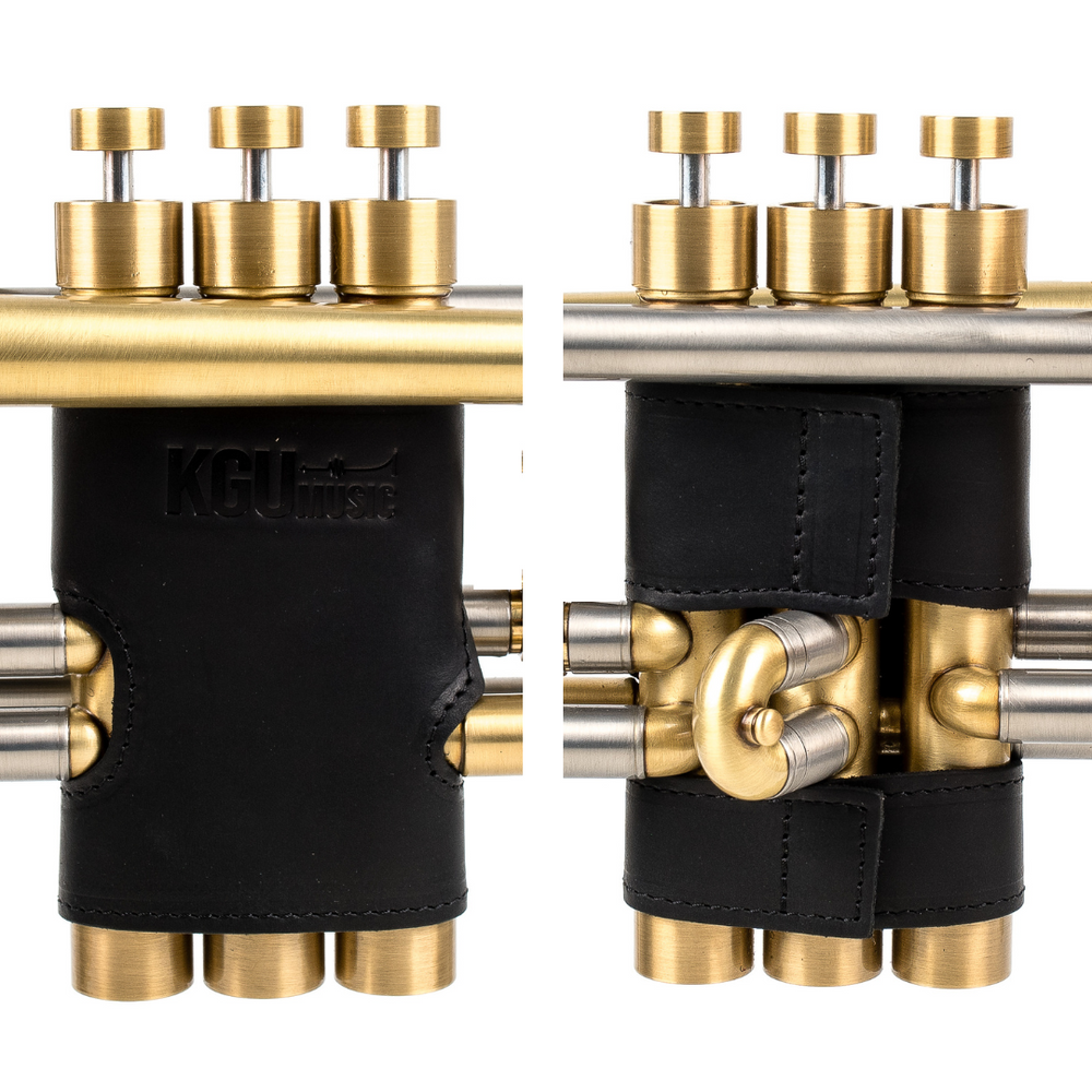 Black KGUmusic valve protectors for trumpet, handmade leather design, white background product photo.