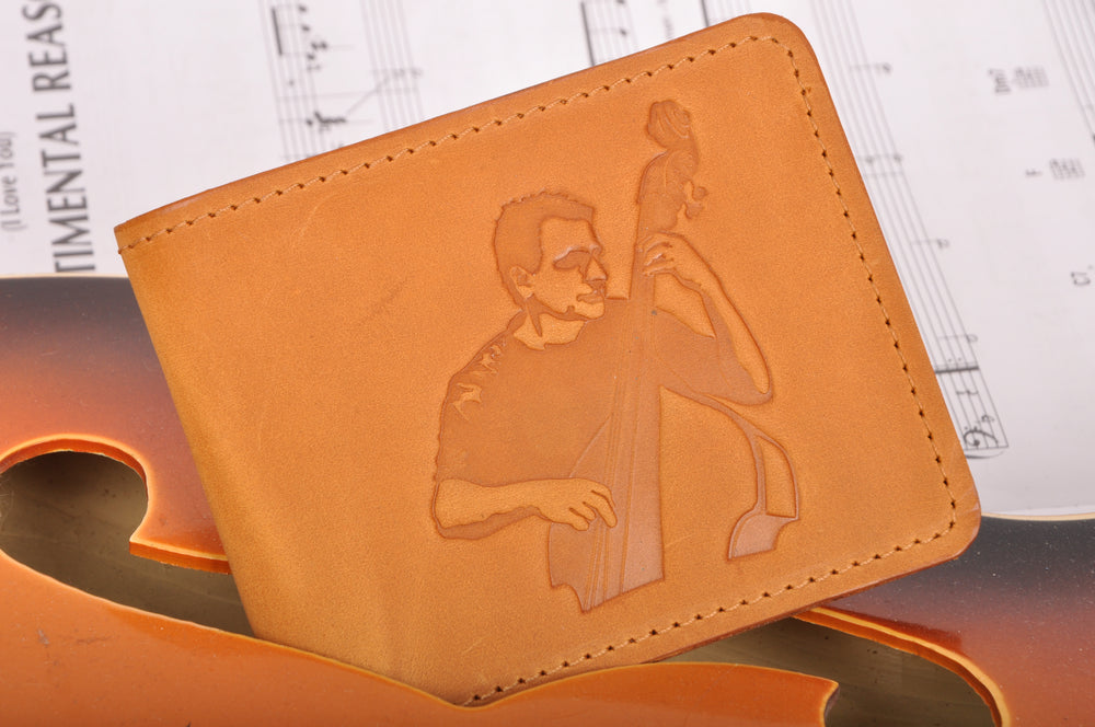 Leather Wallet with a print of a double bass jazz player | Gift for Musicians