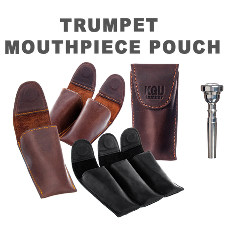 Set of four KGUmusic Crazy Horse Leather trumpet pouches from different angles on white.