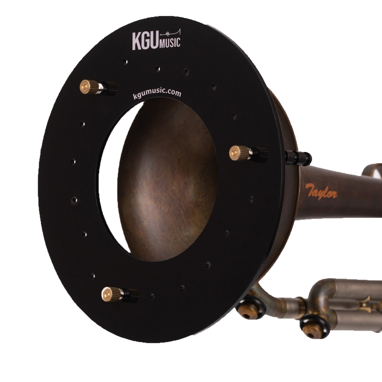 Front view of KGUmusic black deflector, mounted on trumpet.