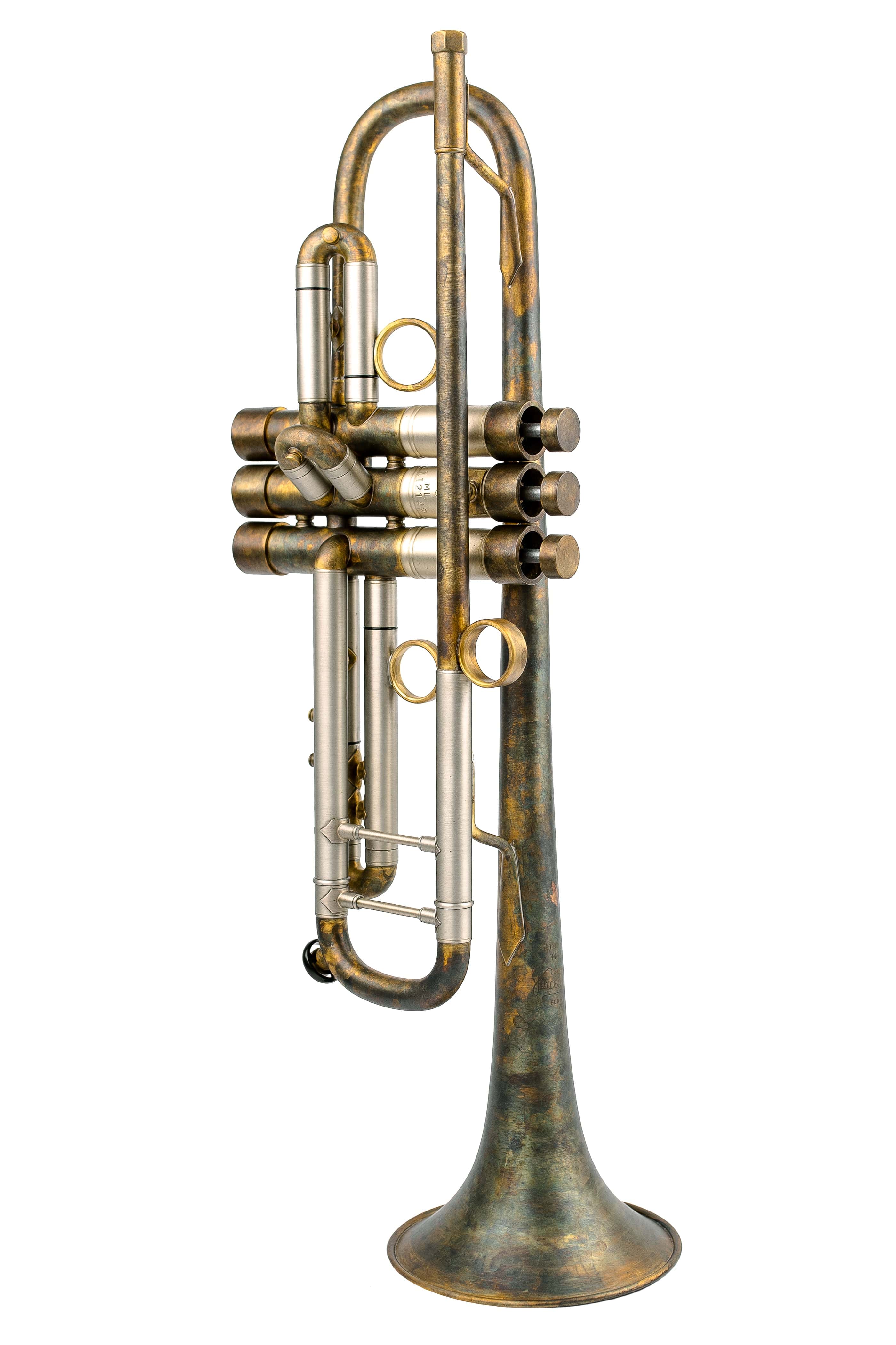 Side profile of military-style Bach Stradivarius 180-37 trumpet on a white background.