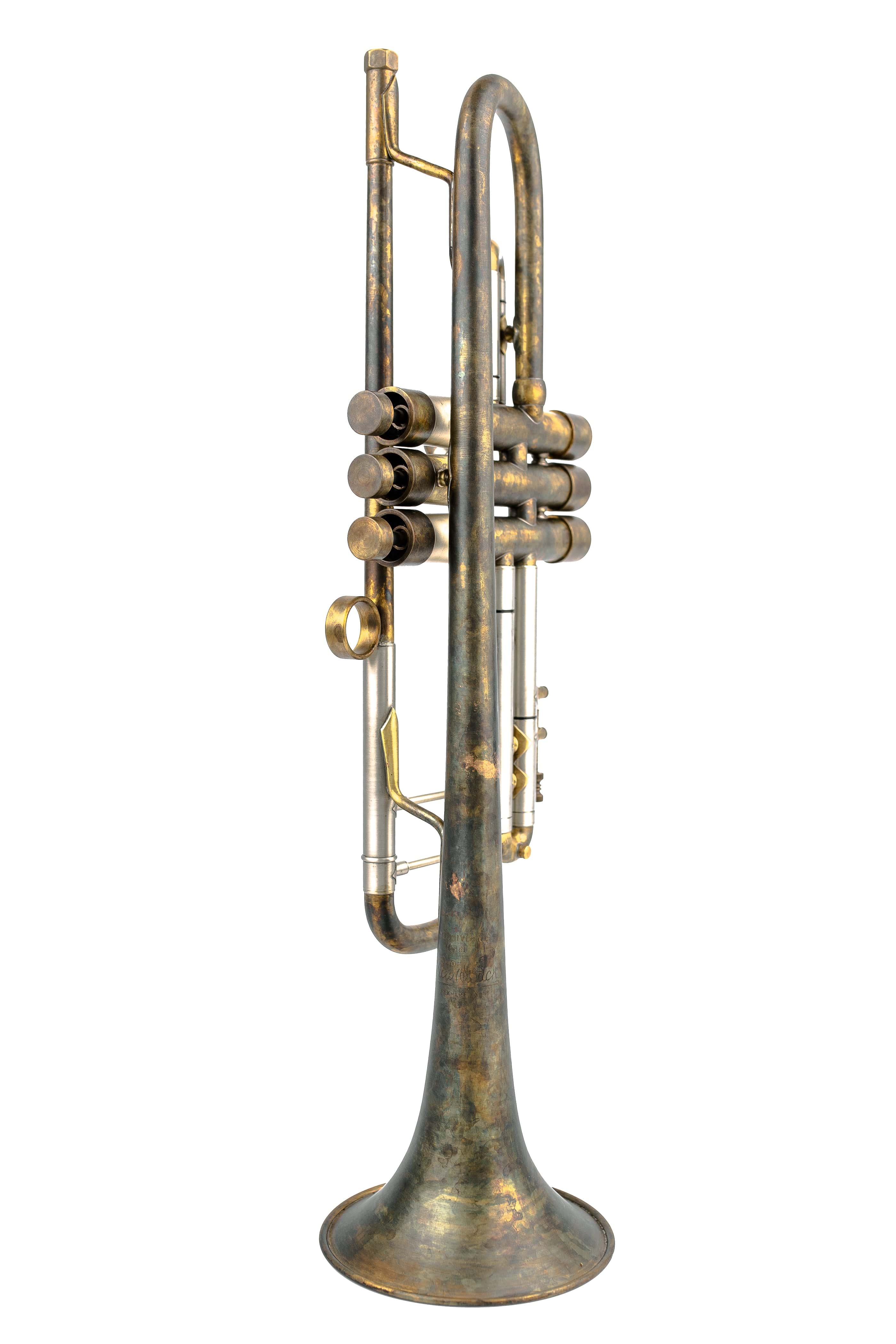 Side angle of military-style Bach Stradivarius 180-37 trumpet on white backdrop.