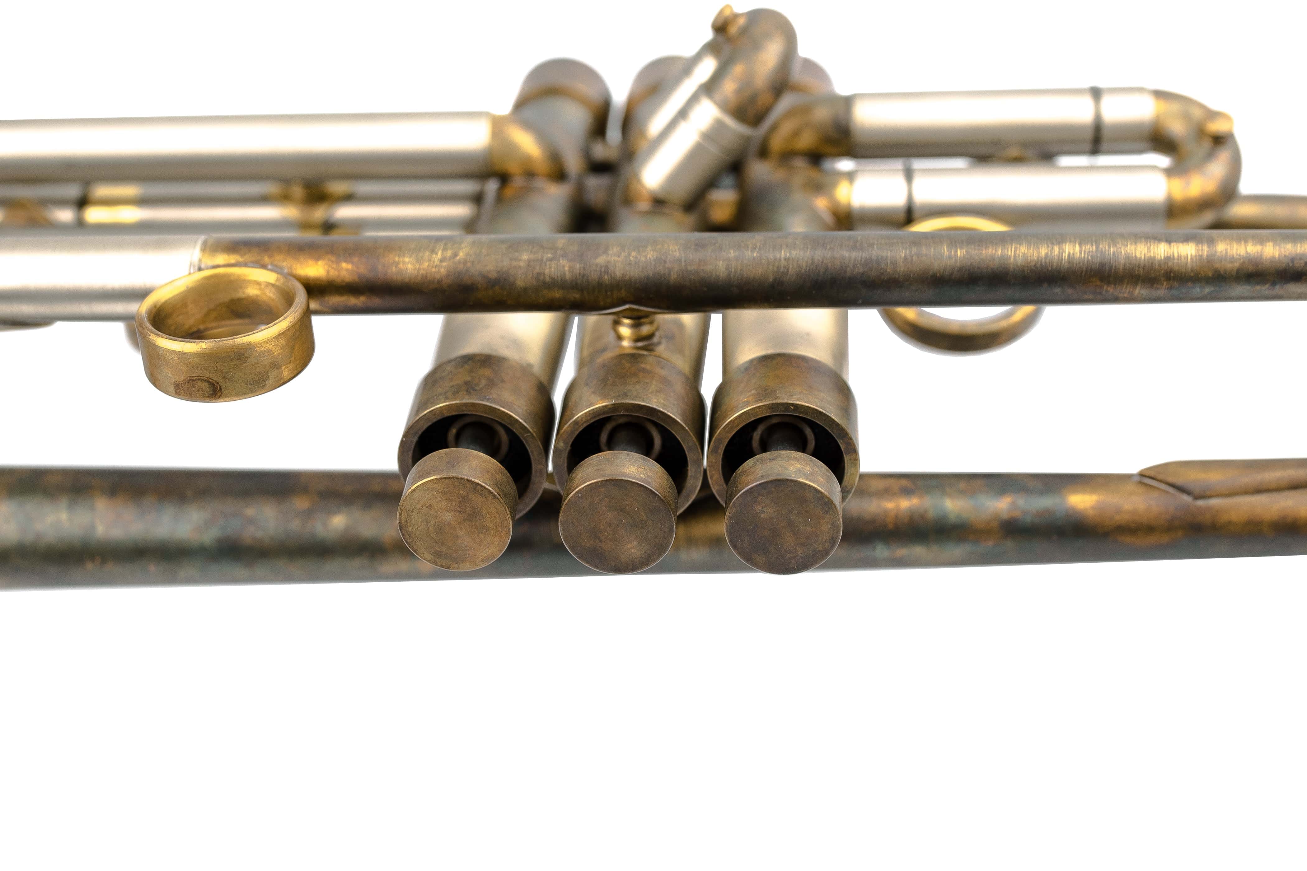 KGUmusic’s unique military-style Bach Stradivarius 180-37 trumpet with trim kit on white.