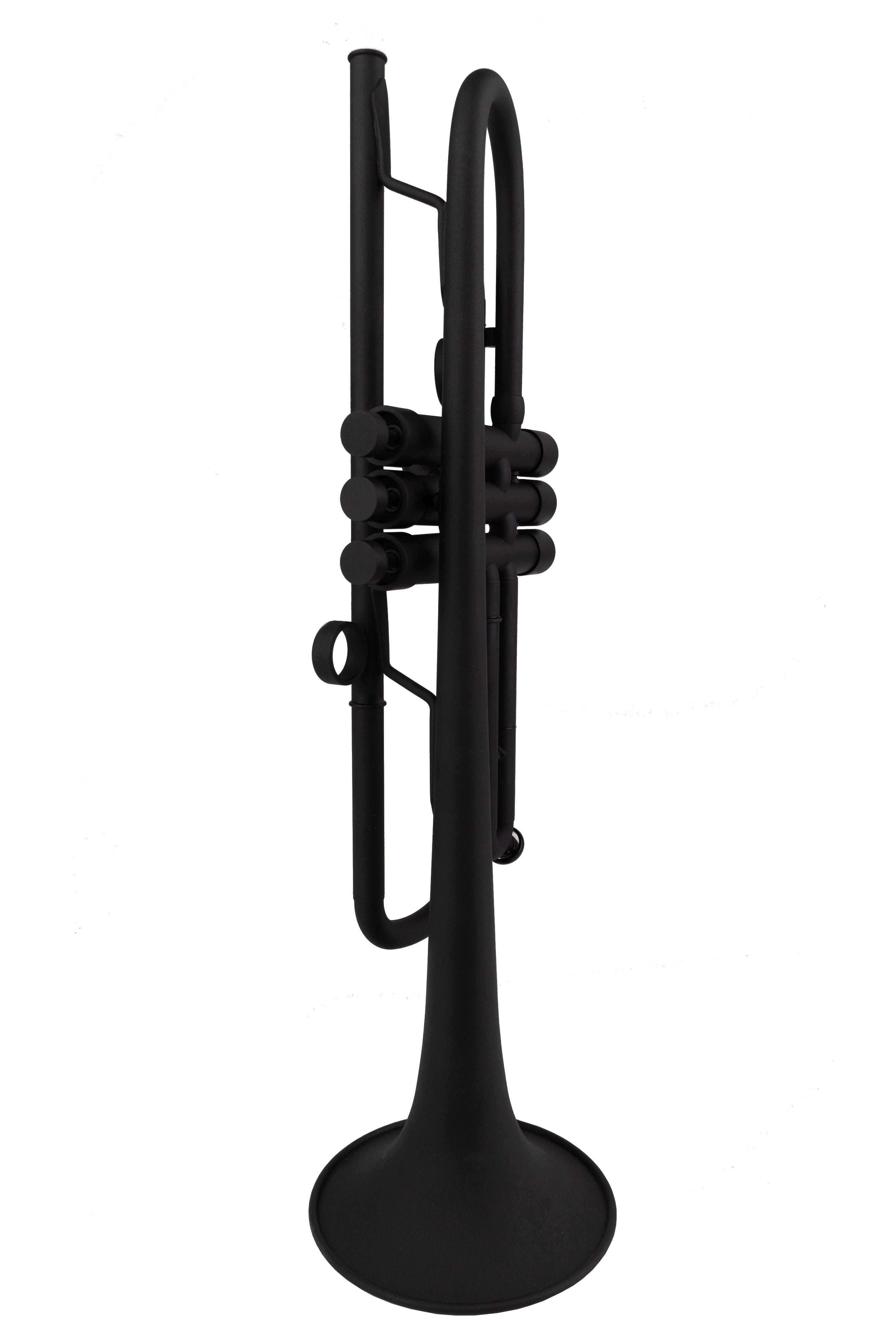 Side view of KGUmusic Black RS Trumpet with rounded tuning slide on white.