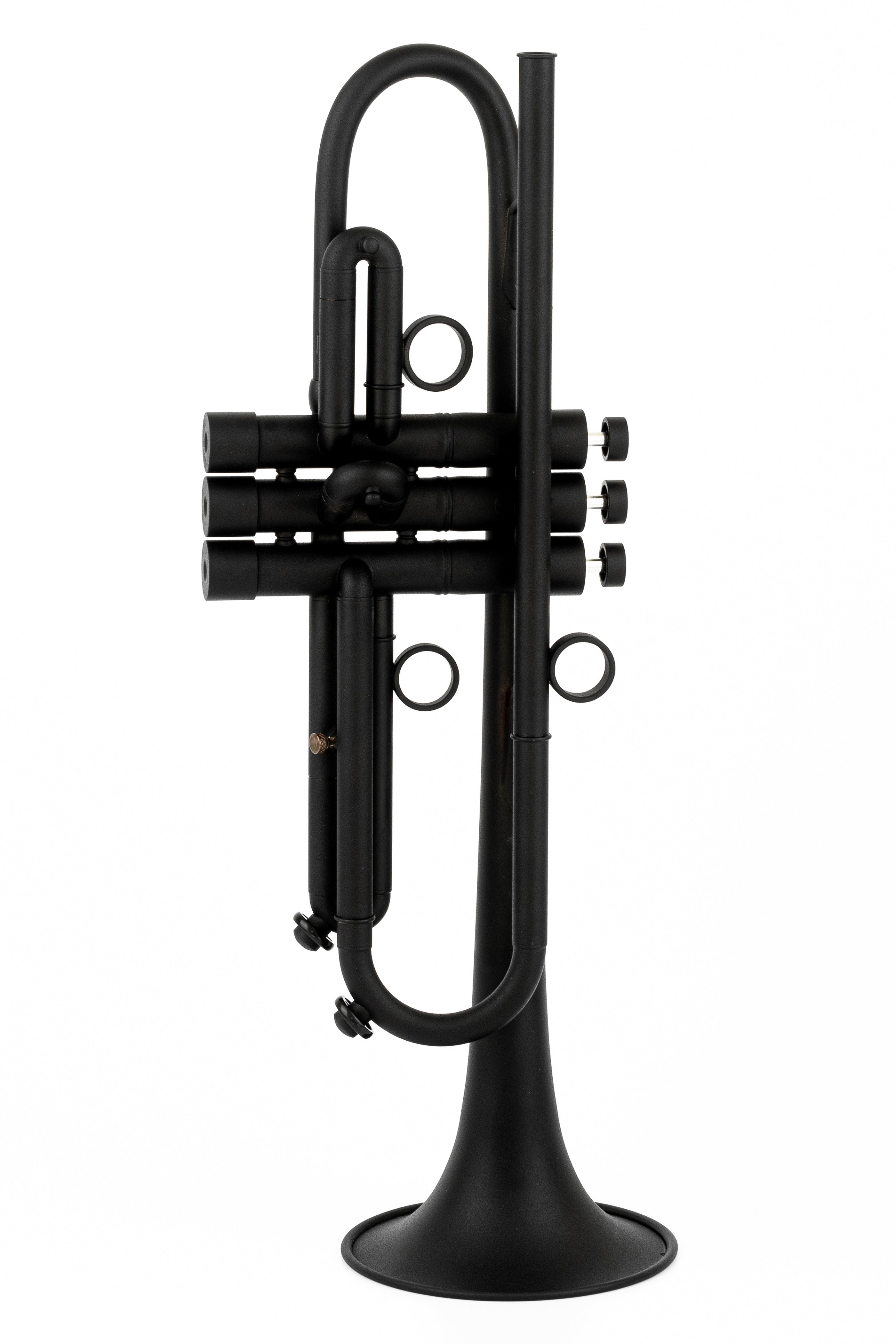 Top-down view of Black RS Trumpet with reversed tuning slides on white.