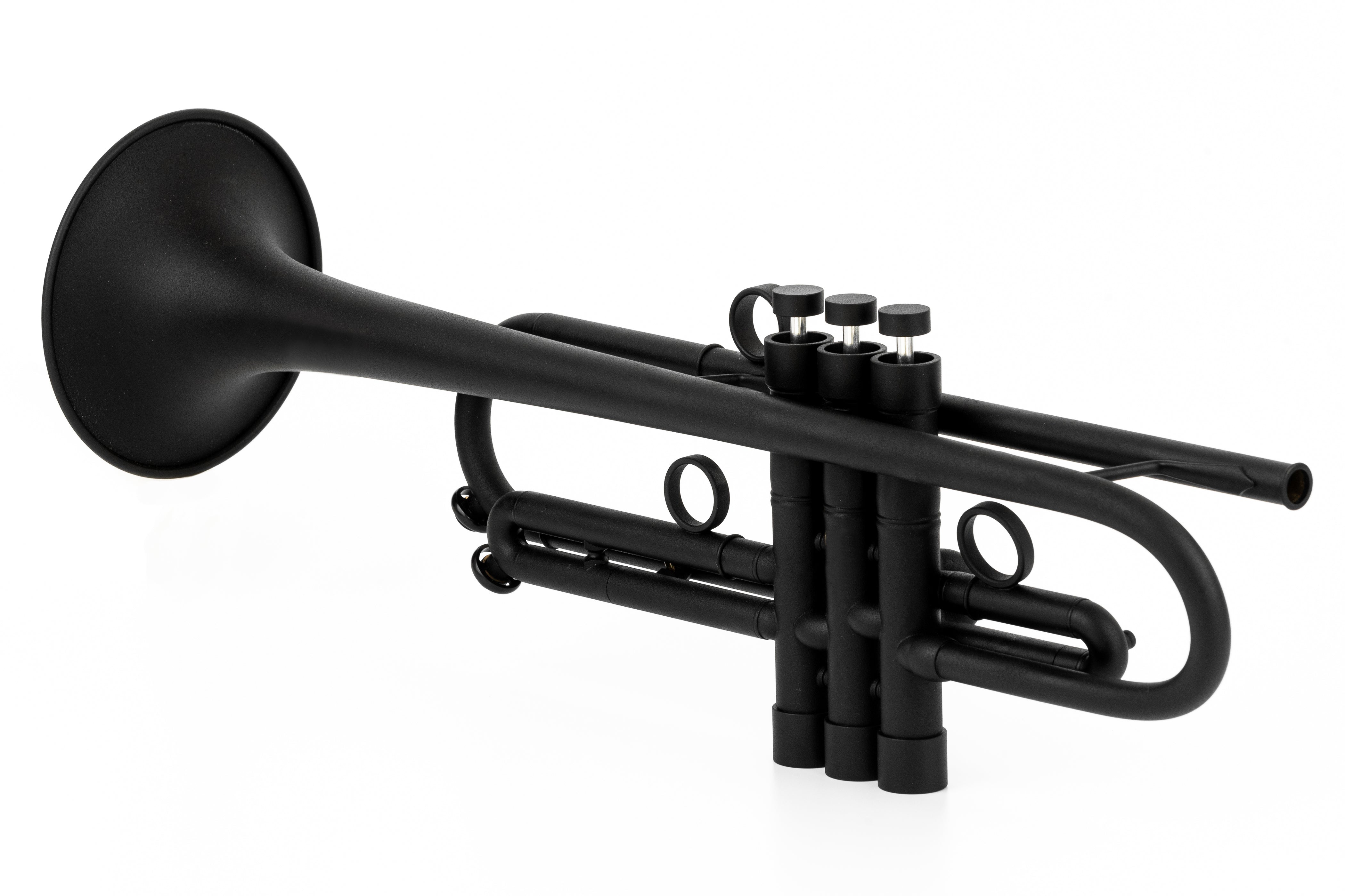 View of KGUmusic Black RS Trumpet with heavy trim kit on white.