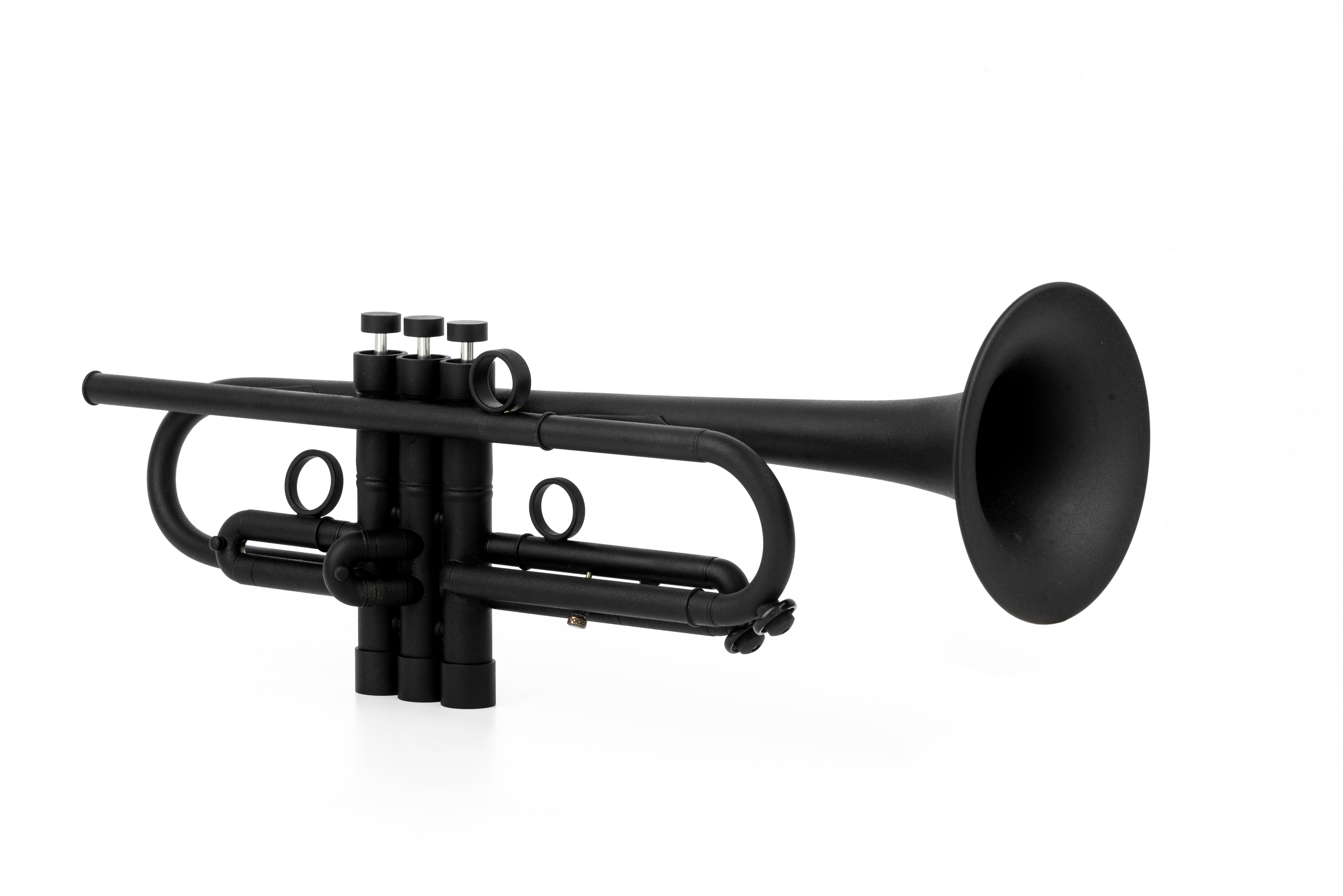 Side angle of KGUmusic Black RS Trumpet featuring Taylor brass bell.