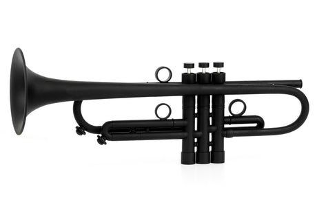 KGUmusic Black RS Trumpet with Taylor Bell front view on white background.