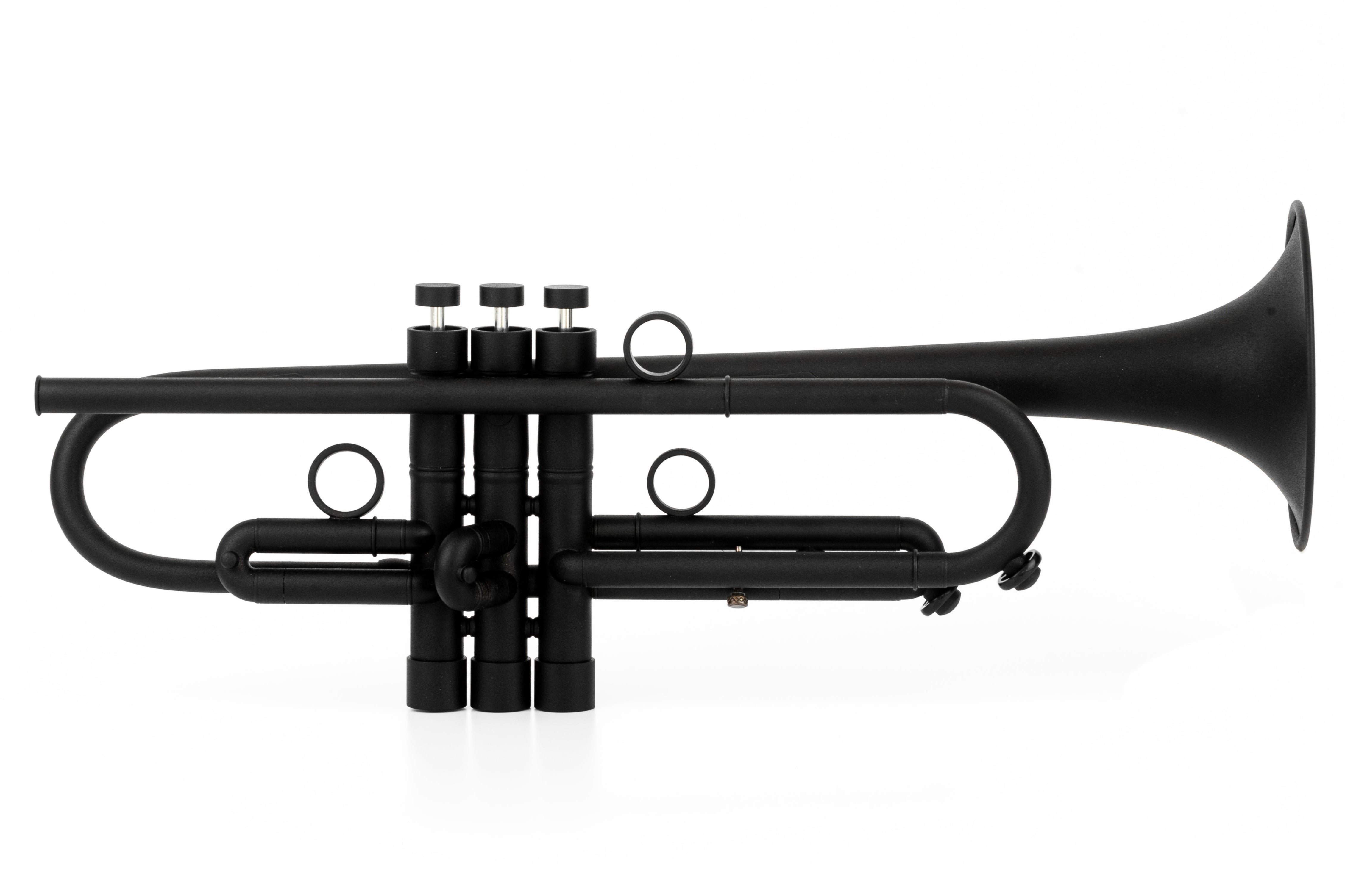 KGUmusic Black RS Trumpet with sleek BLACK matte ceramic lacquer and Taylor Bell on white.