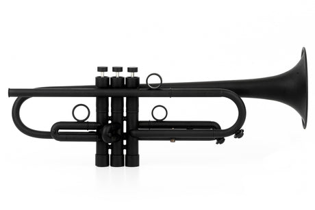 KGUmusic Black RS Trumpet with sleek BLACK matte ceramic lacquer and Taylor Bell on white.