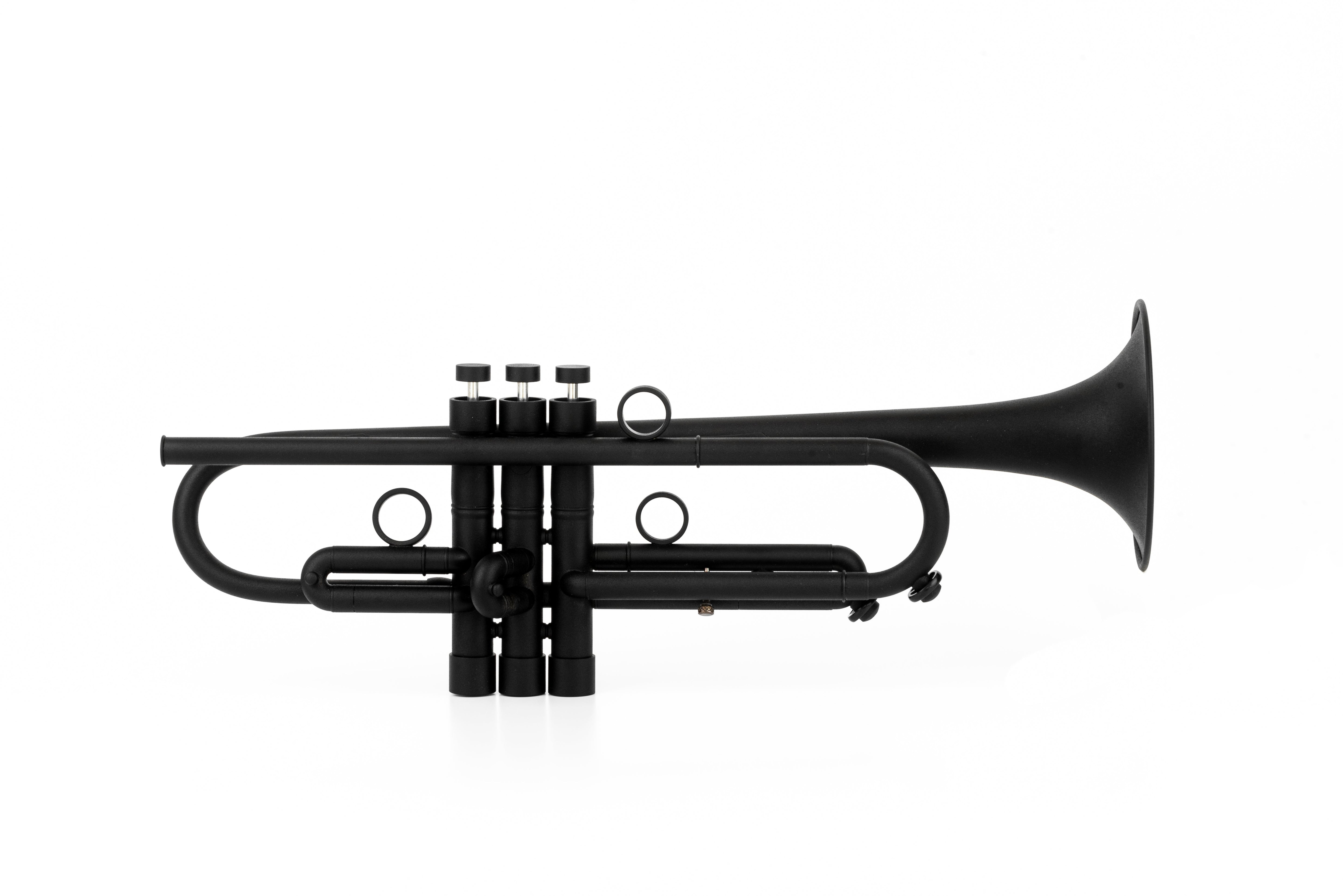 KGUmusic Black RS Trumpet with sleek BLACK matte ceramic lacquer and Taylor Bell on white.