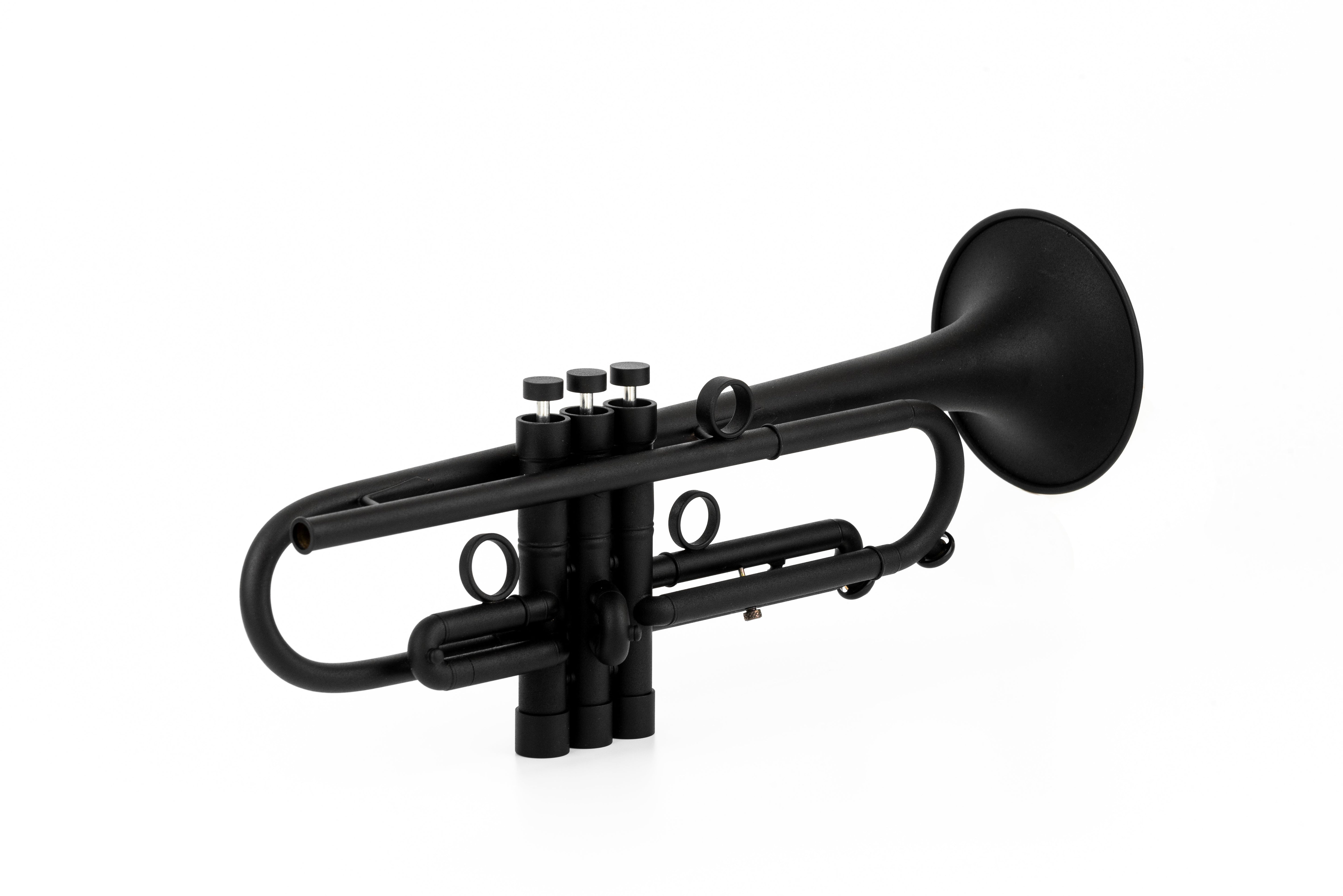 Side view of KGUmusic Black RS Trumpet with unique matte lacquer finish.