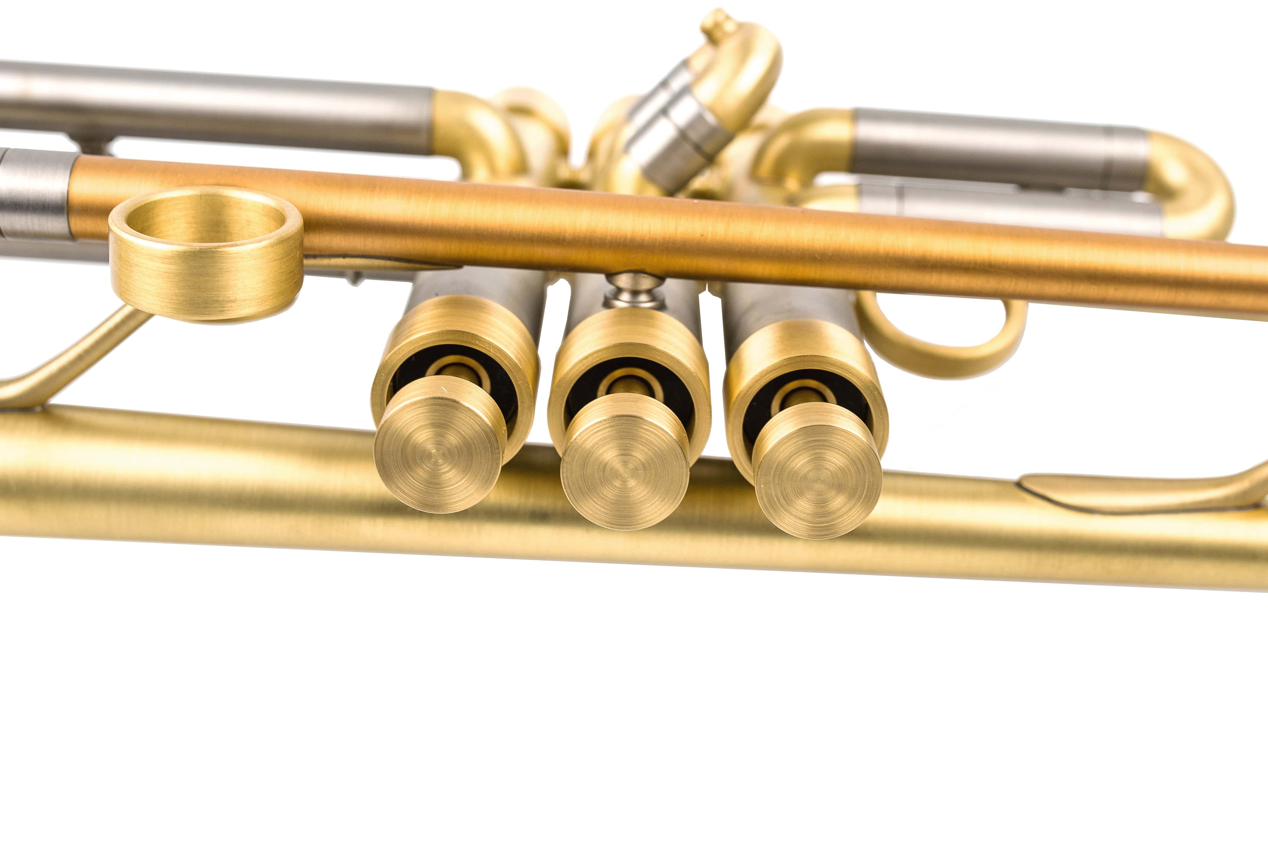 Detailed view of heavy trim kit on KGUmusic’s Yamaha trumpet.