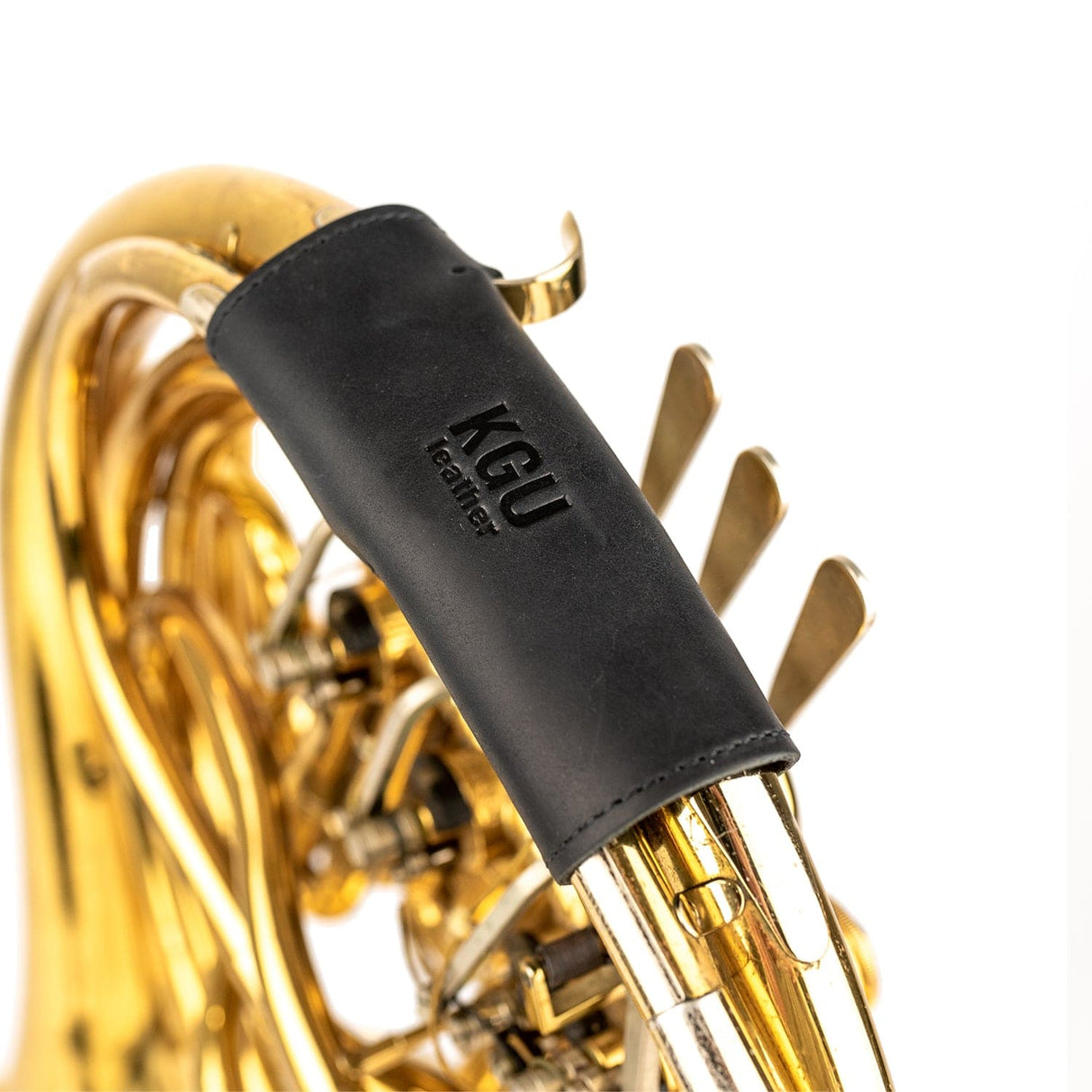 Close-up of KGUmusic leather single French horn hand guard with Velcro.