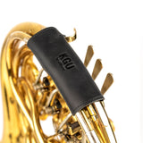 Close-up of KGUmusic leather single French horn hand guard with Velcro.