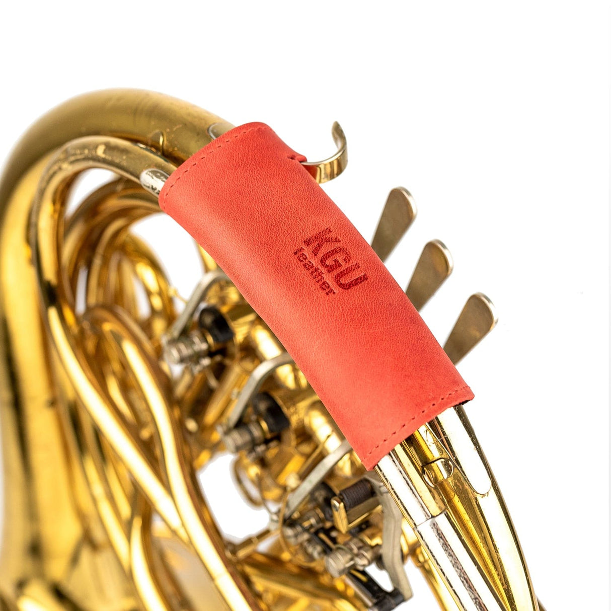 KGUmusic Single French Horn Hand Guard in red leather style on white.