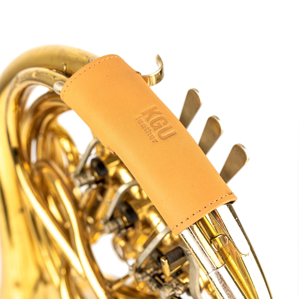 Single French Horn Hand Guard in rich yellow leather on clean white.