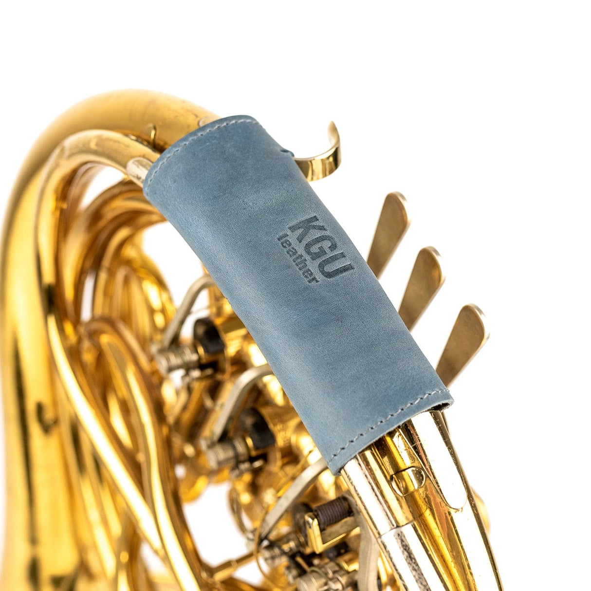 Single French Horn Hand Guard in deep grey leather on white.