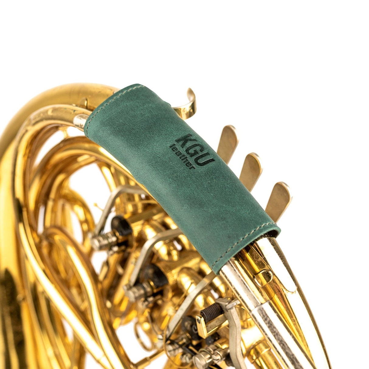 Single French horn green leather hand guard with sturdy construction on white.