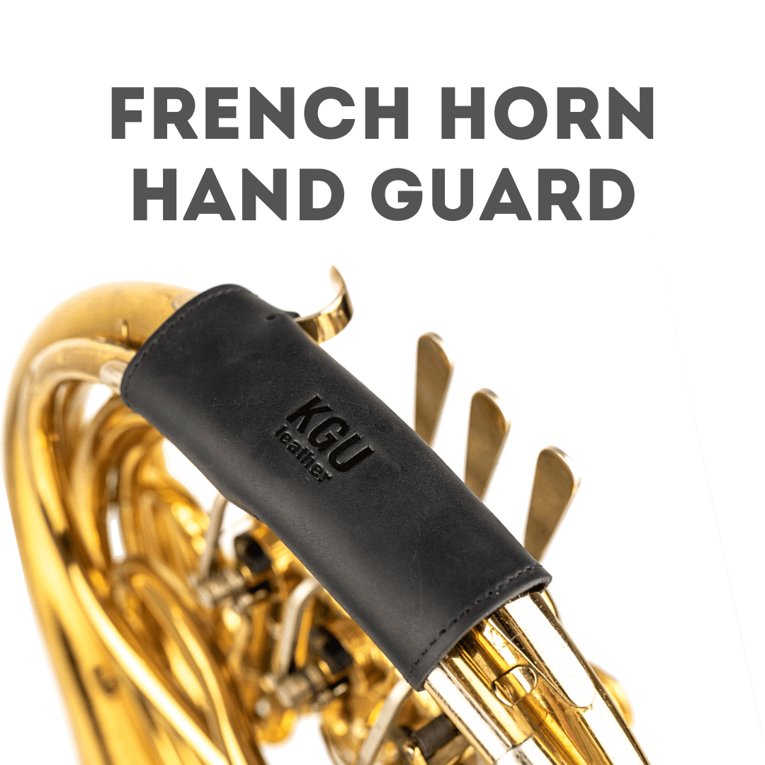 KGUmusic Single French Horn Hand Guard in black leather on white background.