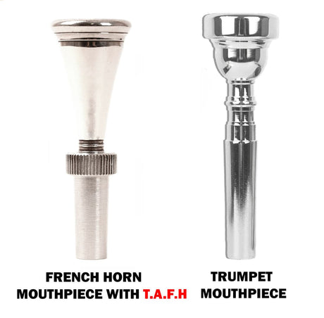 French horn mouthpiece with adapter and trumpet mouthpiece.