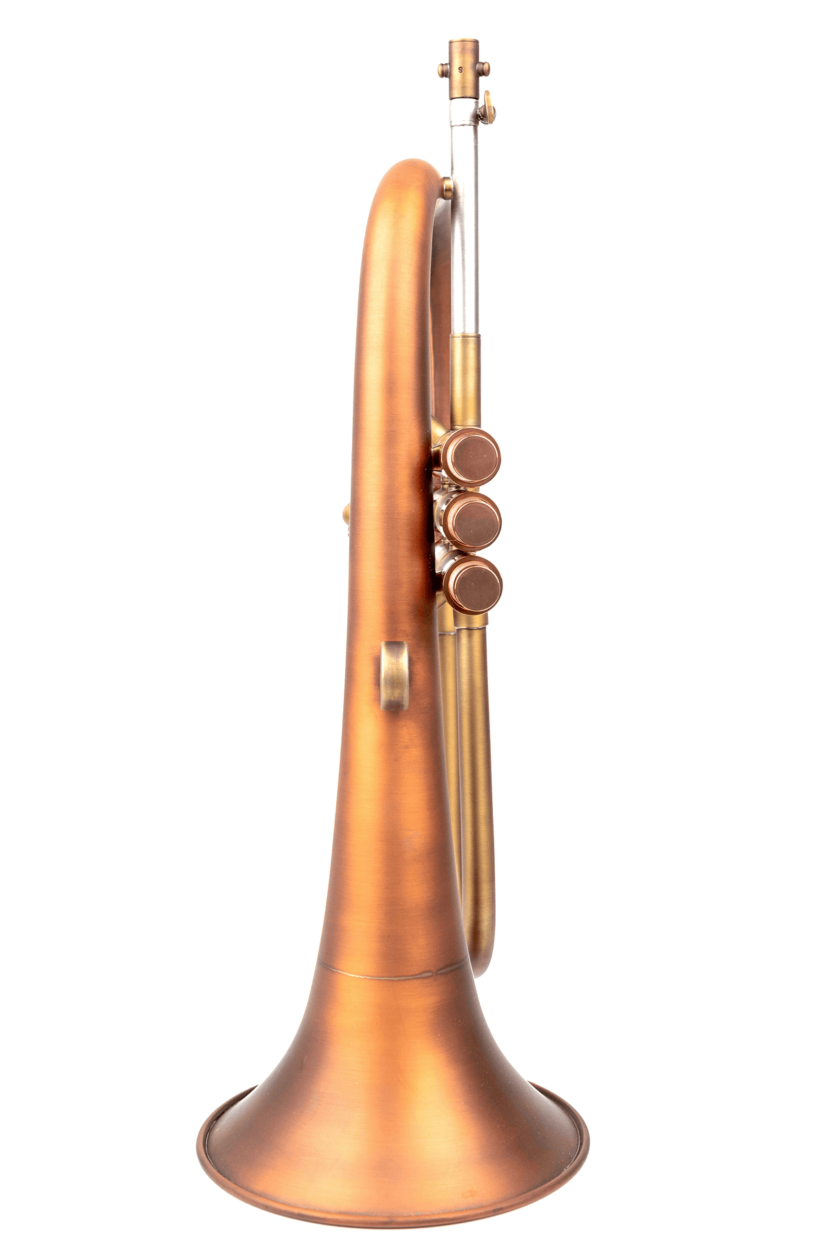 Patina-finished KGUmusic-Taylor flugelhorn on white background.