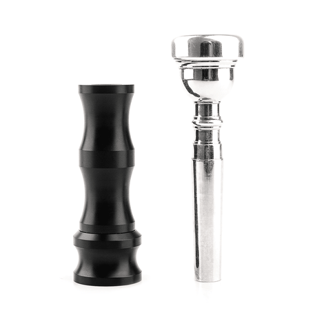 KGUmusic BuzzMaster and trumpet mouthpiece shown on white background.