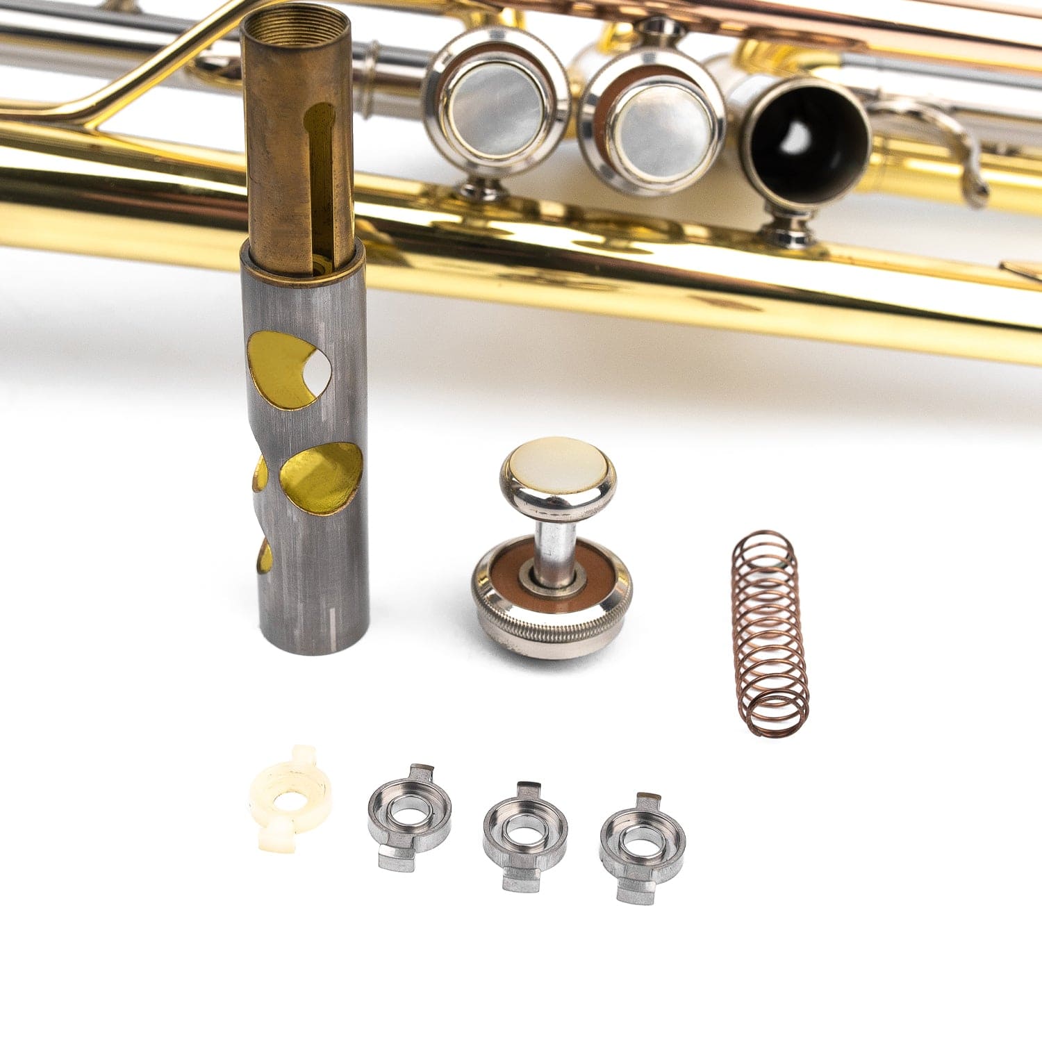 Disassembled Trumpet and it's plastick / titanium valve guides.