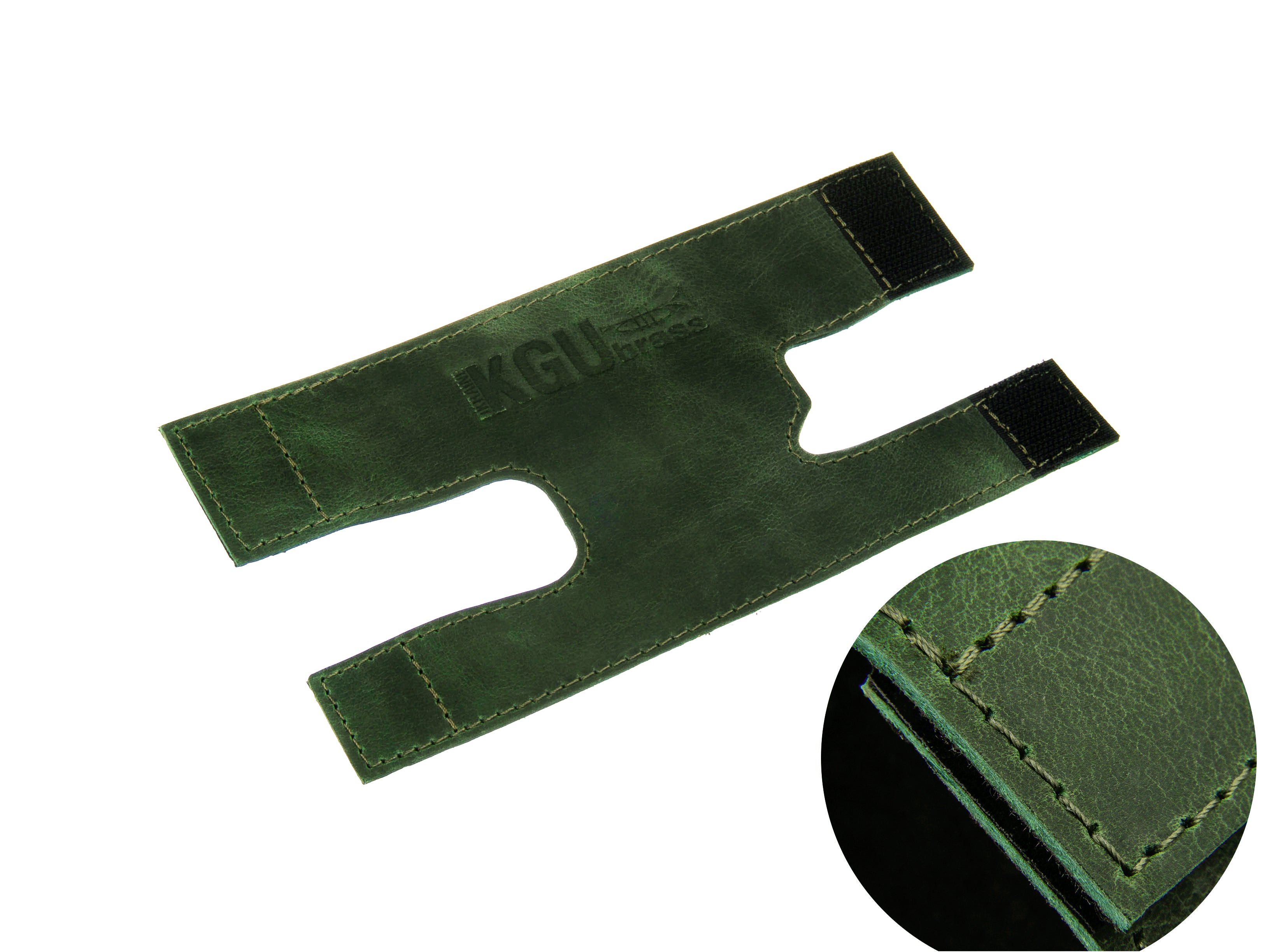 Showing the smooth finish of KGUmusic's green leather trumpet valve cover.