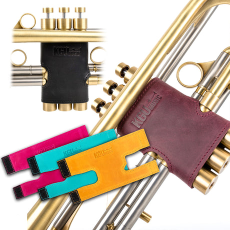 Genuine Leather Valve guards, valve protectors for trumpet, made by KGUmusic on white background.