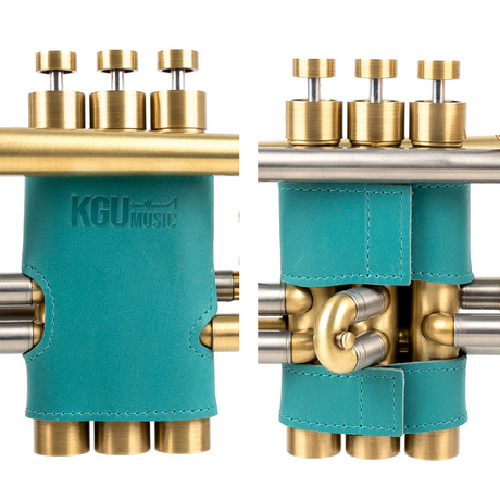 Tiffany Genuine leather KGUmusic valve guards for trumpet, displayed against white background.