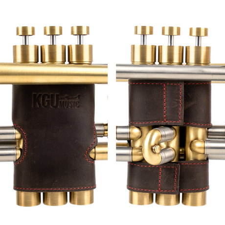 KGUmusic trumpet valve guards crafted from Brown genuine leather, product photo on white background.