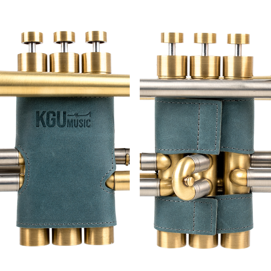 High-quality KGUmusic Blue Grey leather valve protectors for trumpet, clean white backdrop.