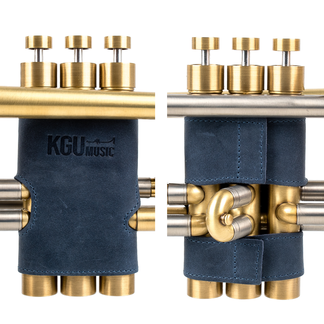 Dark Blue Genuine leather trumpet valve guards, KGUmusic musical accessories, isolated on white background.