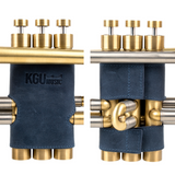 Dark Blue Genuine leather trumpet valve guards, KGUmusic musical accessories, isolated on white background.