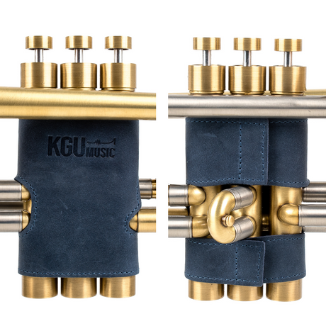 Dark Blue Genuine leather trumpet valve guards, KGUmusic musical accessories, isolated on white background.