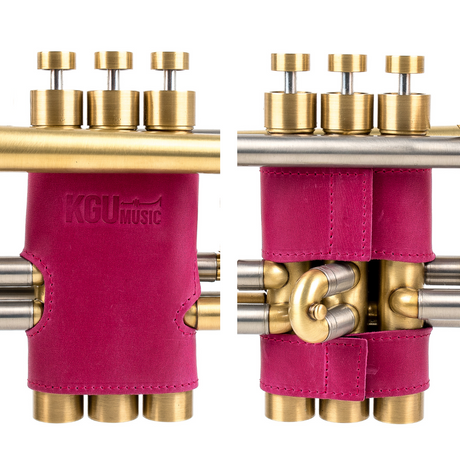 Pink Rose Leather valve guards for trumpet by KGUmusic, product photo with white background.