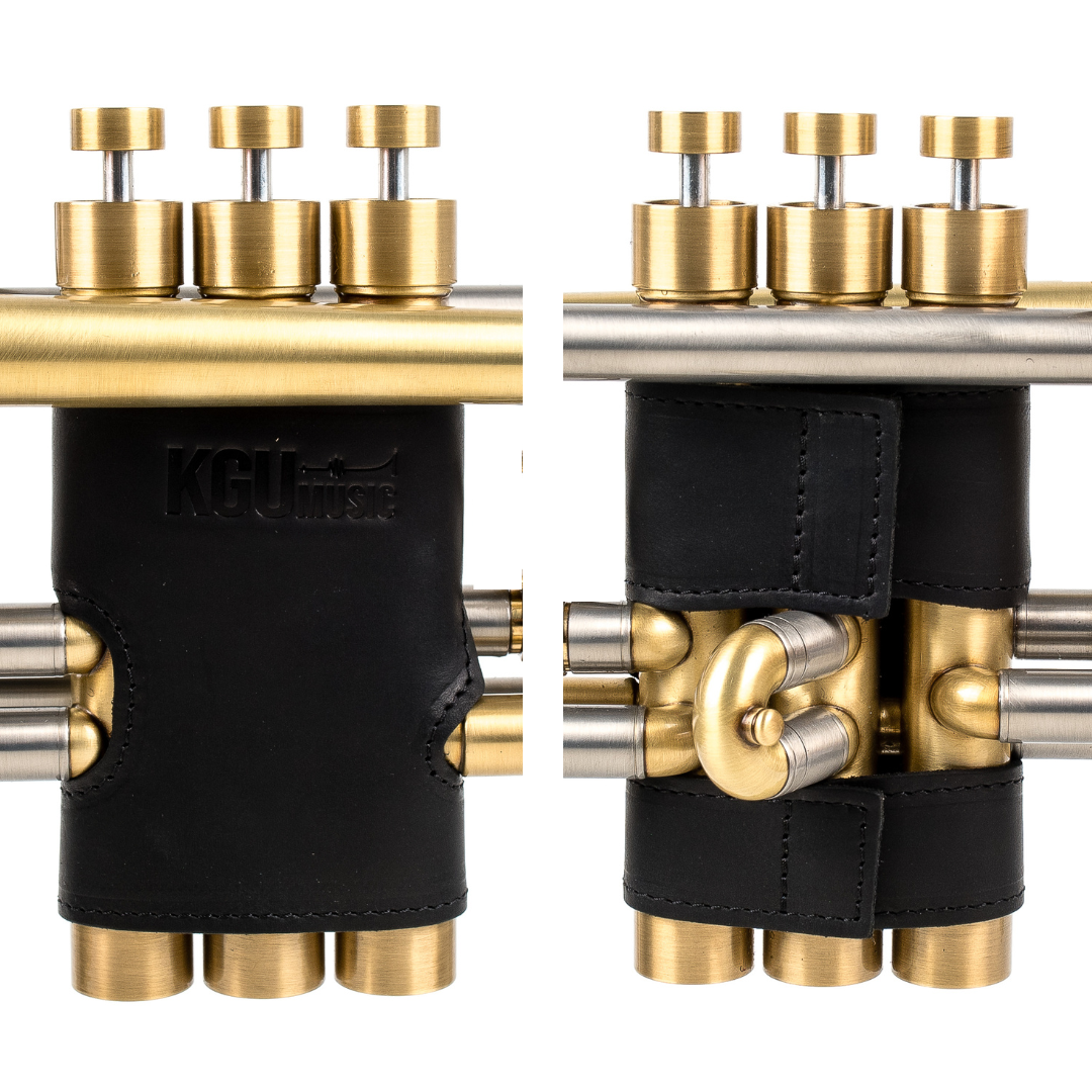 Black KGUmusic valve protectors for trumpet, handmade leather design, white background product photo.