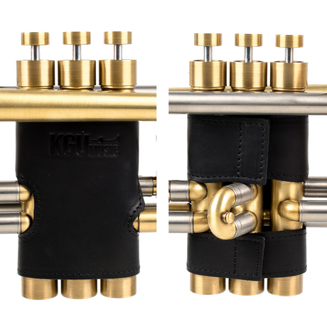 Black KGUmusic valve protectors for trumpet, handmade leather design, white background product photo.