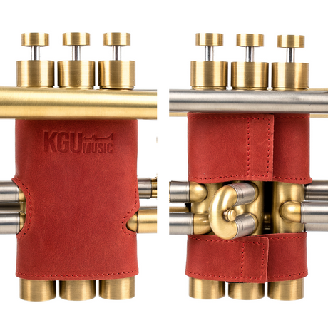 Red color KGUmusic handcrafted valve protectors in leather, trumpet accessory, on white.