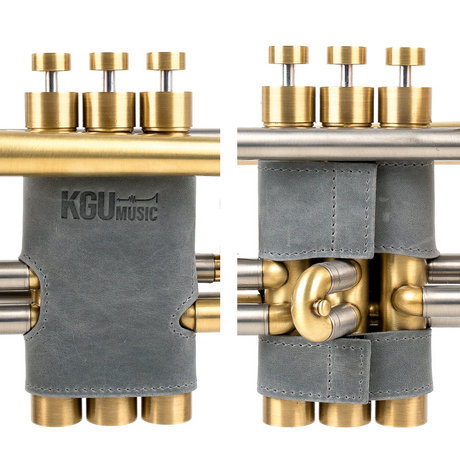 Durable Grey leather valve guards for trumpet, KGUmusic brand accessory, white background.