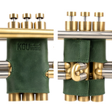 Handmade Green genuine leather trumpet valve guards by KGUmusic, on white background.