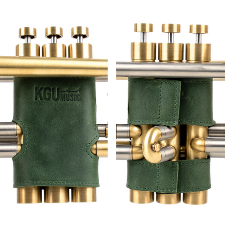 Handmade Green genuine leather trumpet valve guards by KGUmusic, on white background.