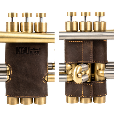 KGUmusic Brown leather valve protectors for trumpet, handcrafted design on white background.