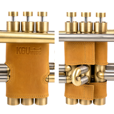 KGUmusic trumpet Yellow leather valve protectors, premium handmade accessory, white background.