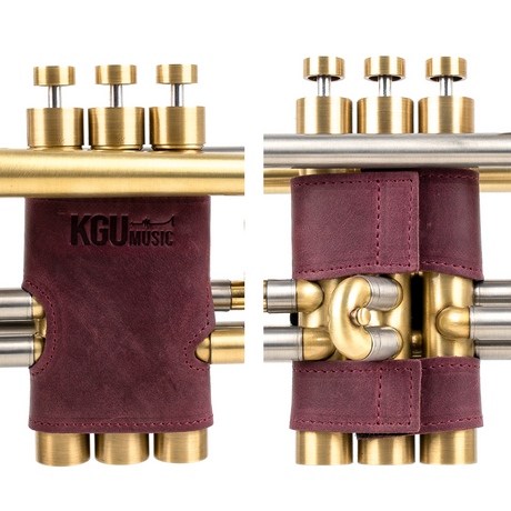 Marsala Genuine leather trumpet valve guards, professional KGUmusic accessory, white background.