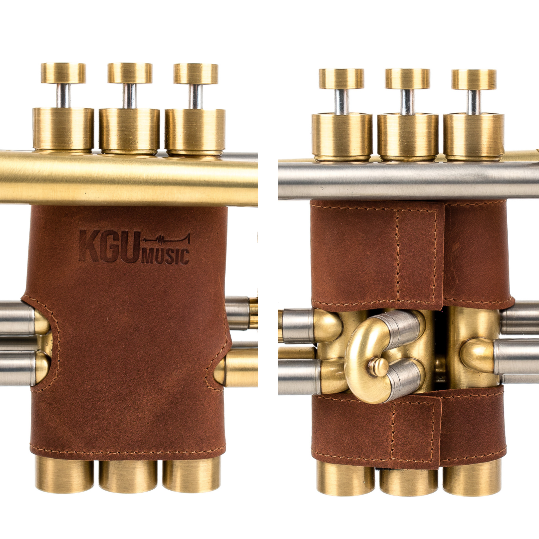 Premium trumpet valve guards made from Light Brown genuine leather, KGUmusic brand, white background.